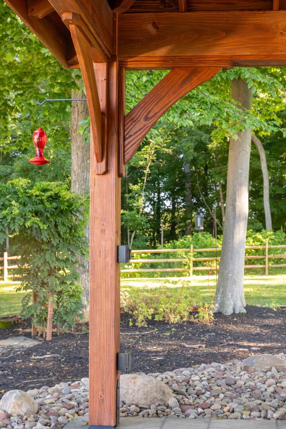 Post of 20x24 Cheyenne Pavilion with view of electrical feature and hummingbird feeder