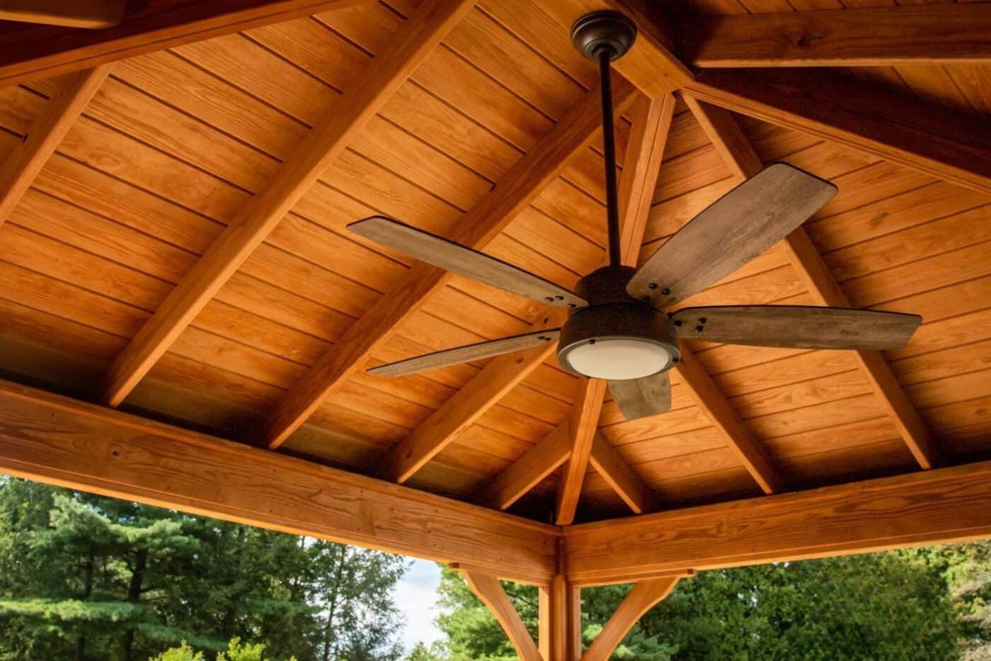 12x14 Lakefront pavilion with view of ceiling fan and underside of pavilion