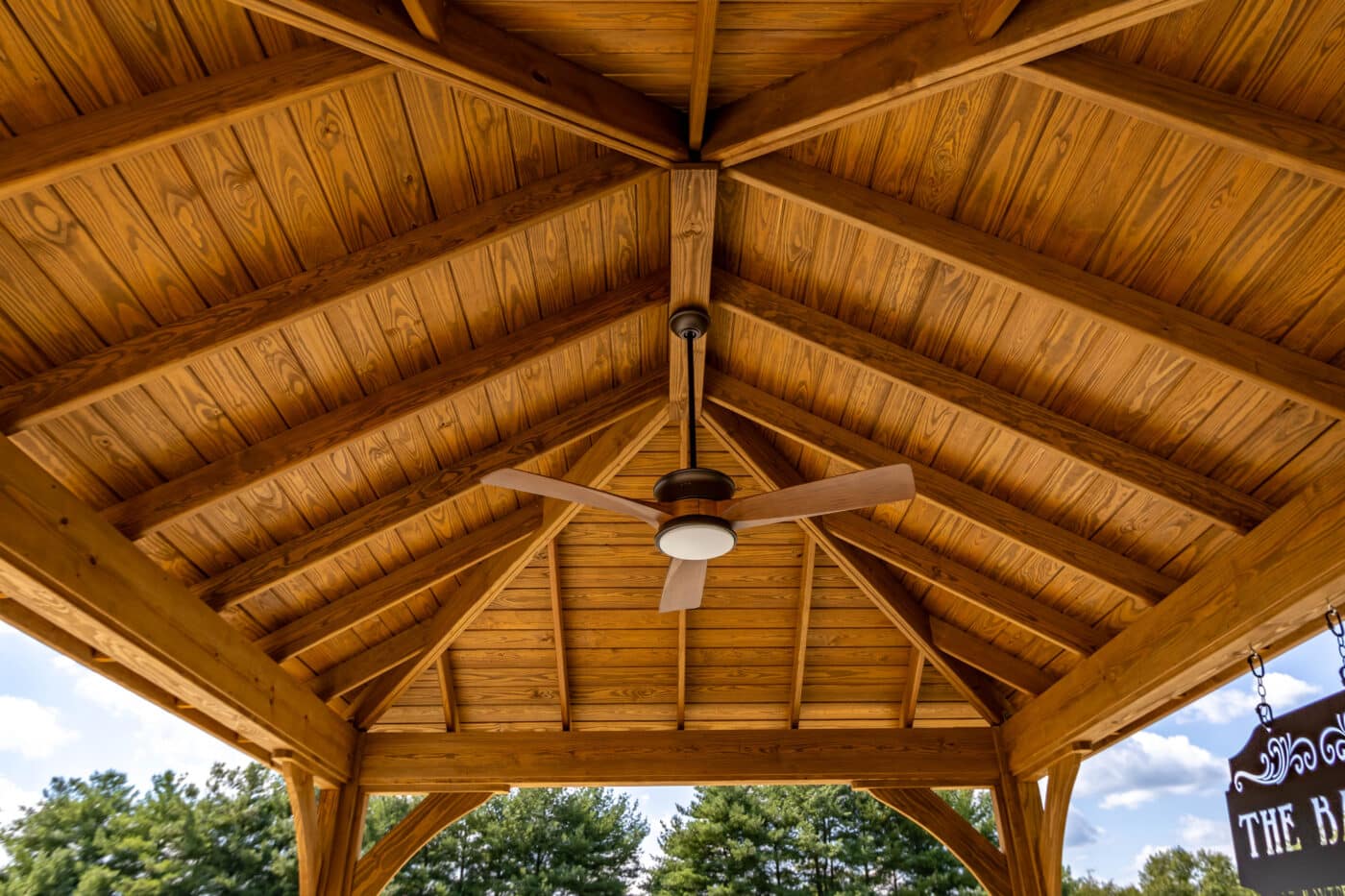 Underside of 12x16 Cheyenne Wood Pavilion with view of ceiling fan