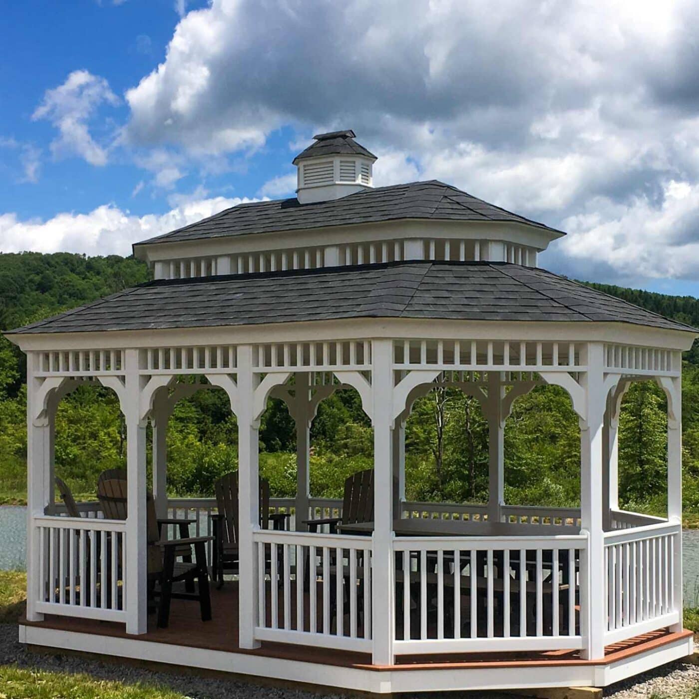 The Vinyl Oval Gazebo 3 View of double roof on gazebo with asphalt shingles and cupola