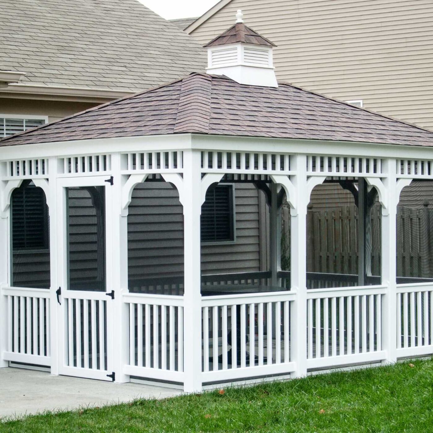 View of rails on vinyl rectangle gazebo with cupola