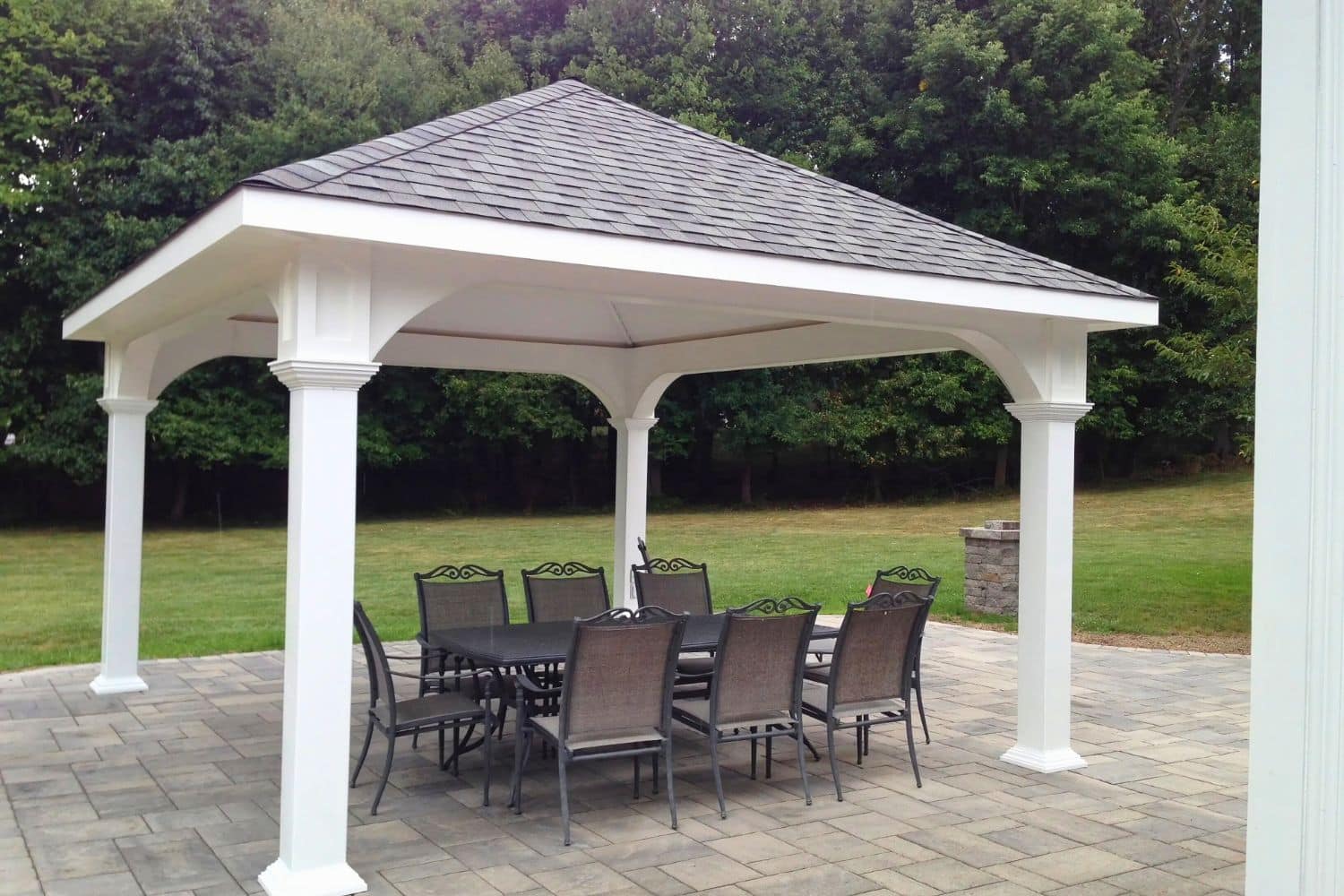 White Vinyl Montford Pavilion over outdoor dining area