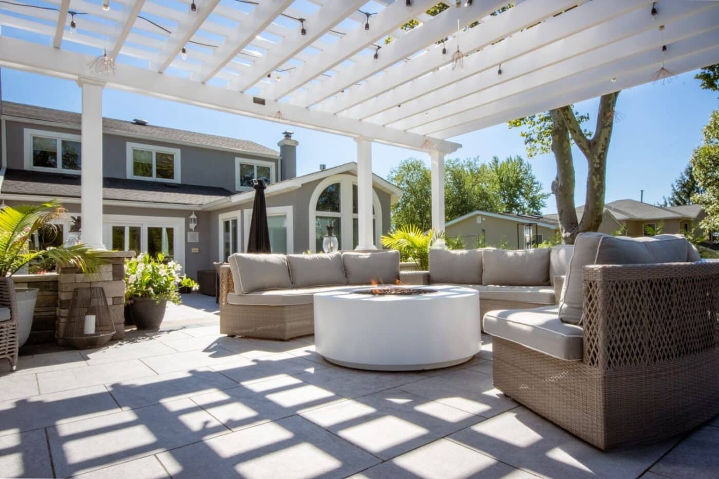 underneath 18x22 Carolina Vinyl Pergola with view of seating area