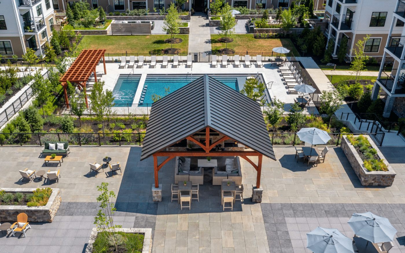 Aerial shot of kingston pavilion and 7x30 boulder pergola in apartment area courtyard