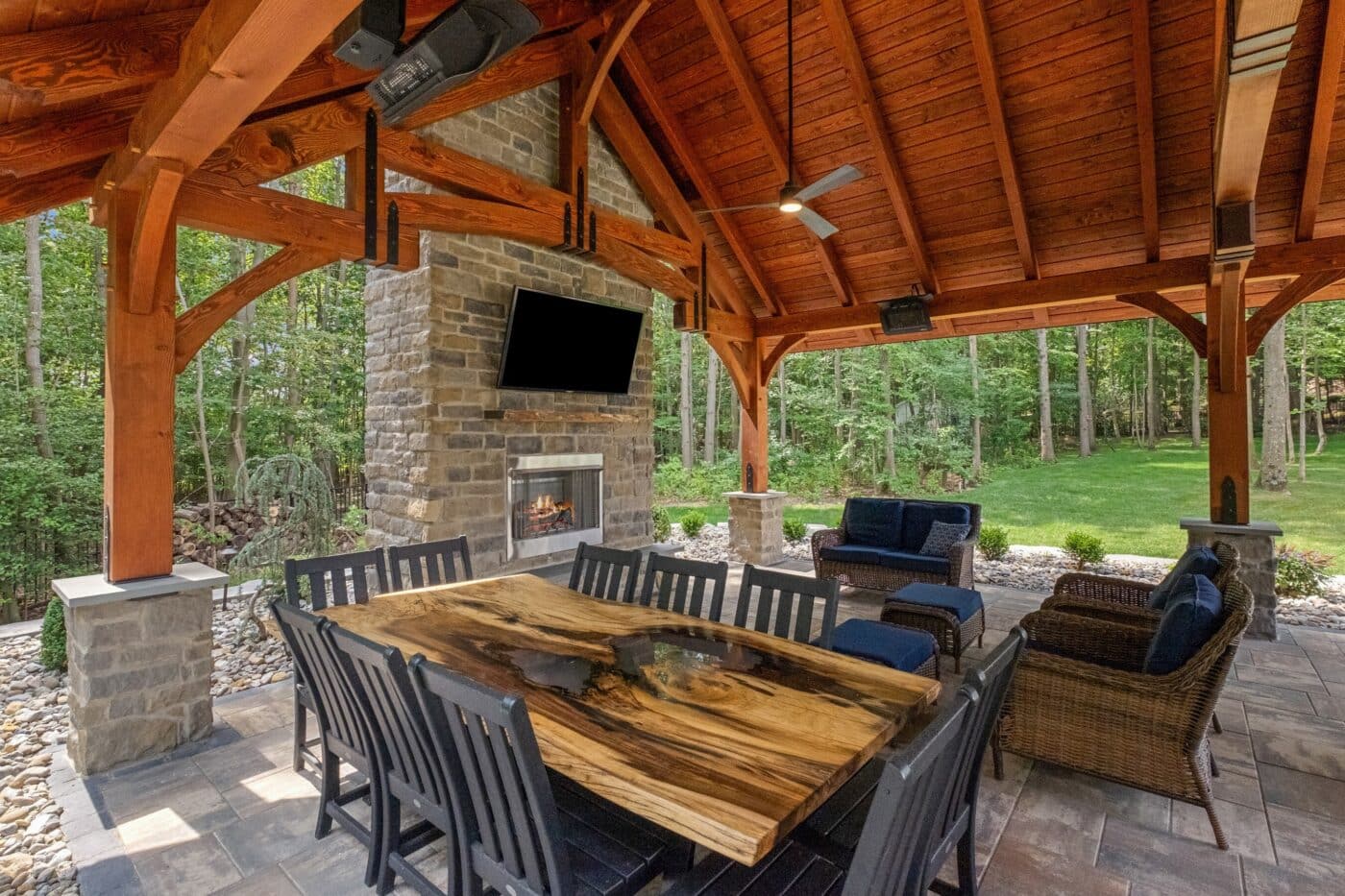 Dining and entertainment area inside Grand Teton Timber Frame Pavilion