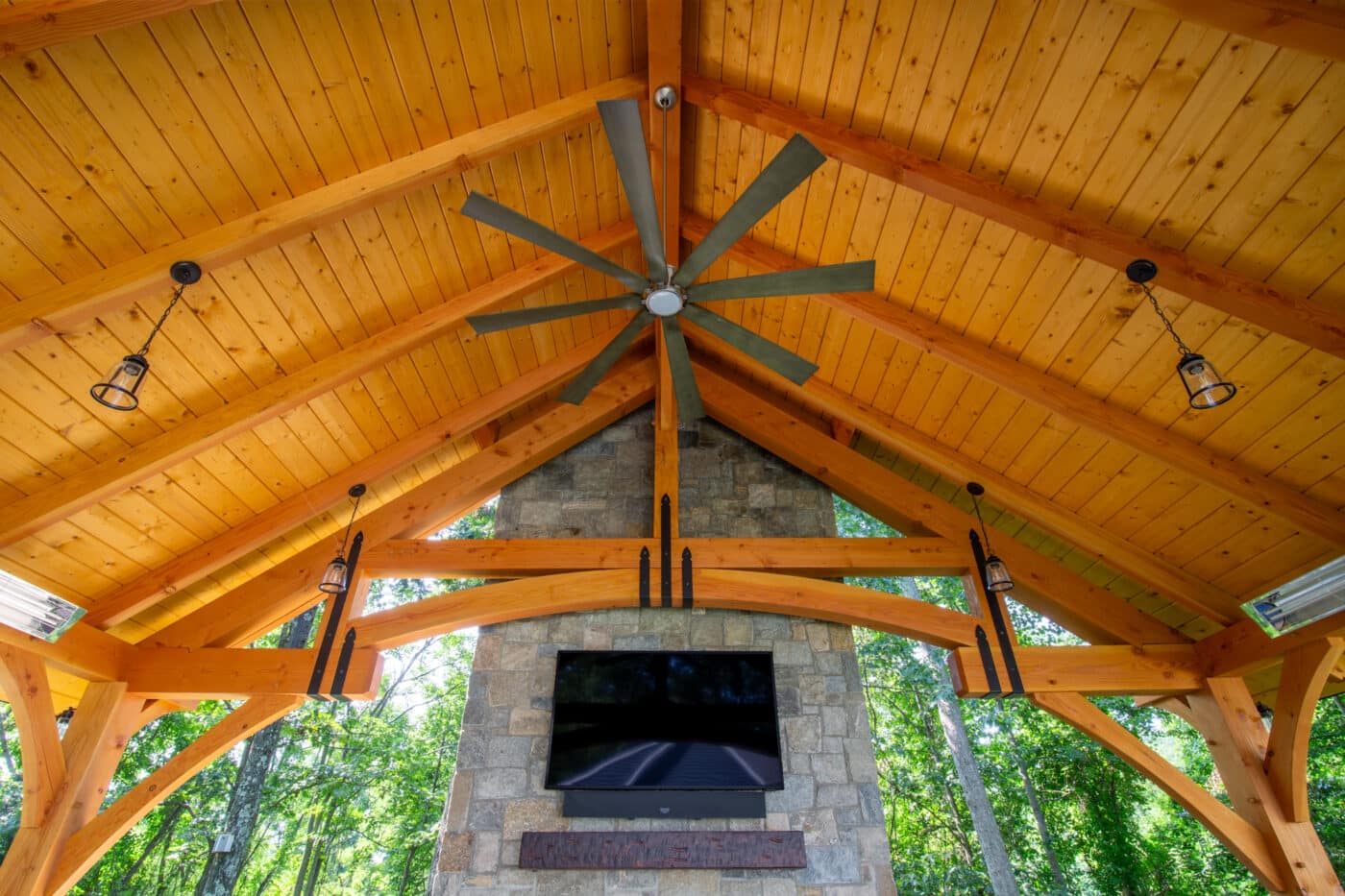 View of ceiling fan, TV, and ceiling in 24x16 Timber Frame Pavilion