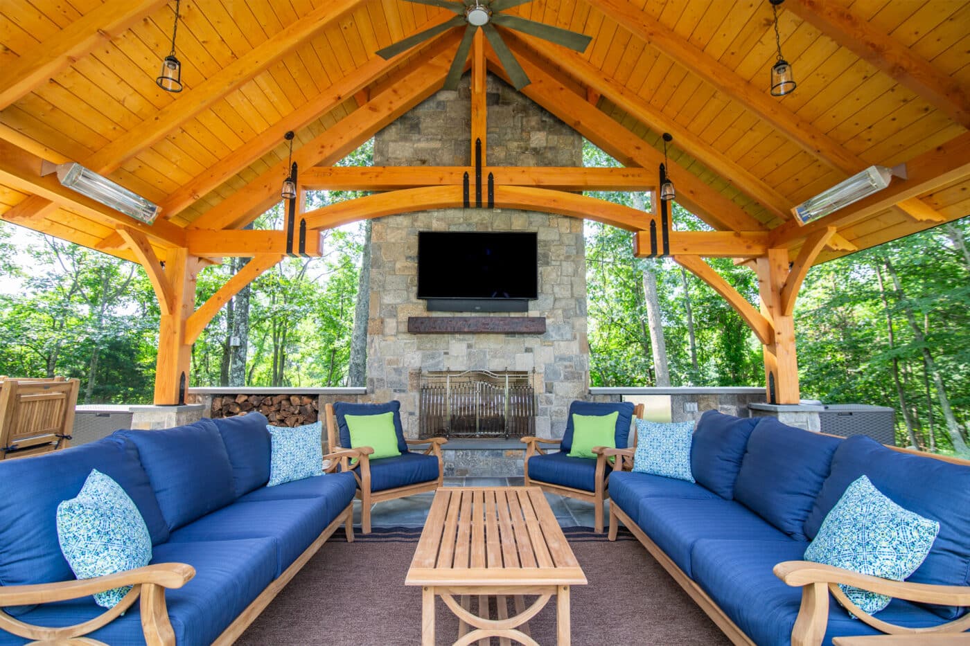 Inside 24x16 Timber Frame Pavilion with view of tv and seating area