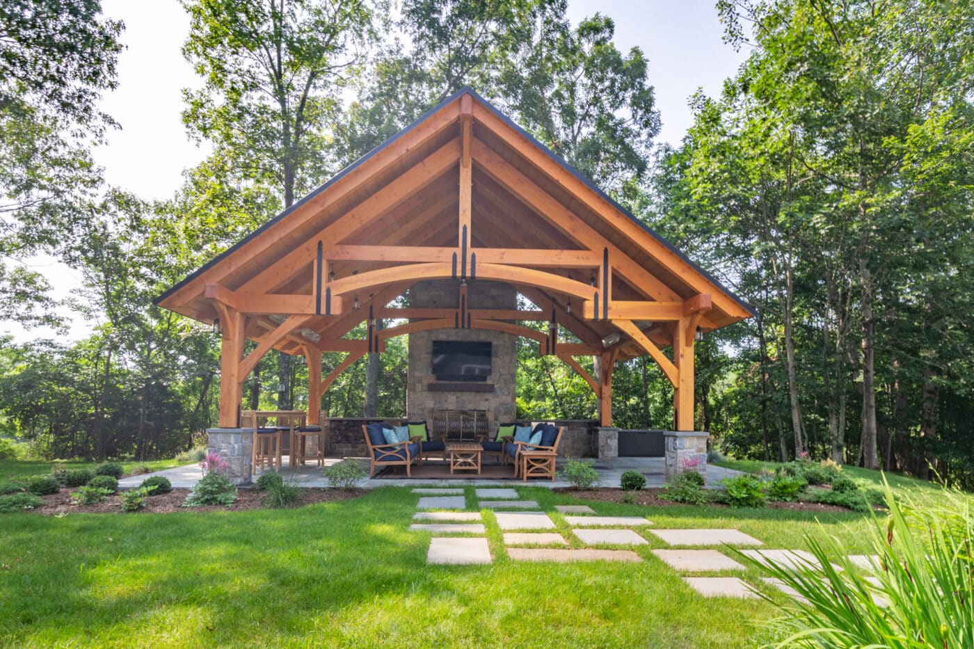 Outside 24x16 Timber Frame Pavilion with front view of rafters