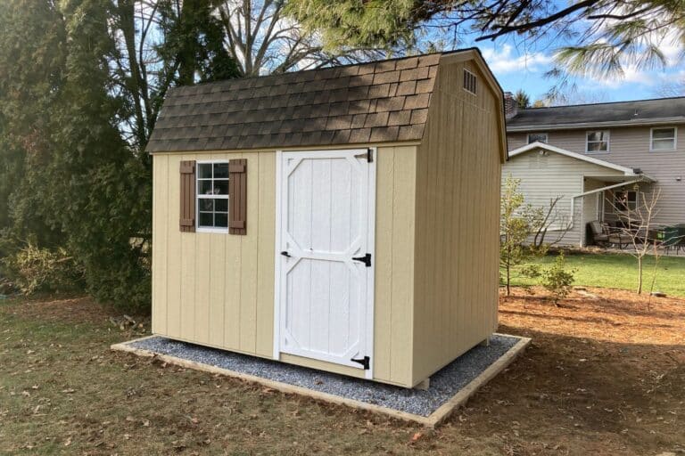 Projects 10 Light Brown standard high barn in backyard on gravel pad