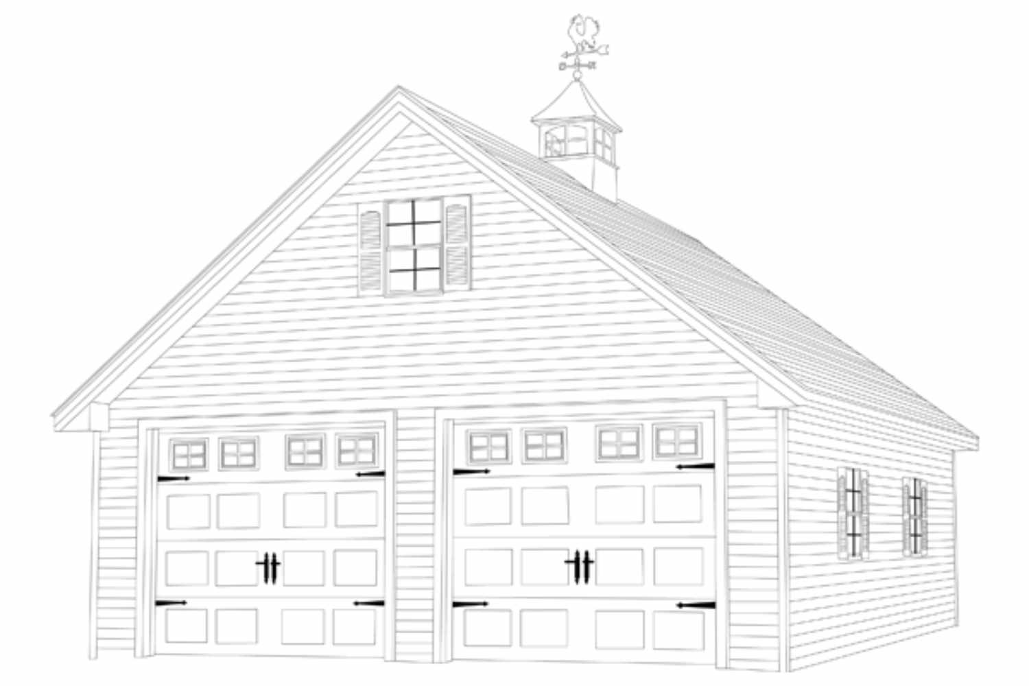 Sketch of A-Frame Sketch with two garage doors, windows, and cupola 