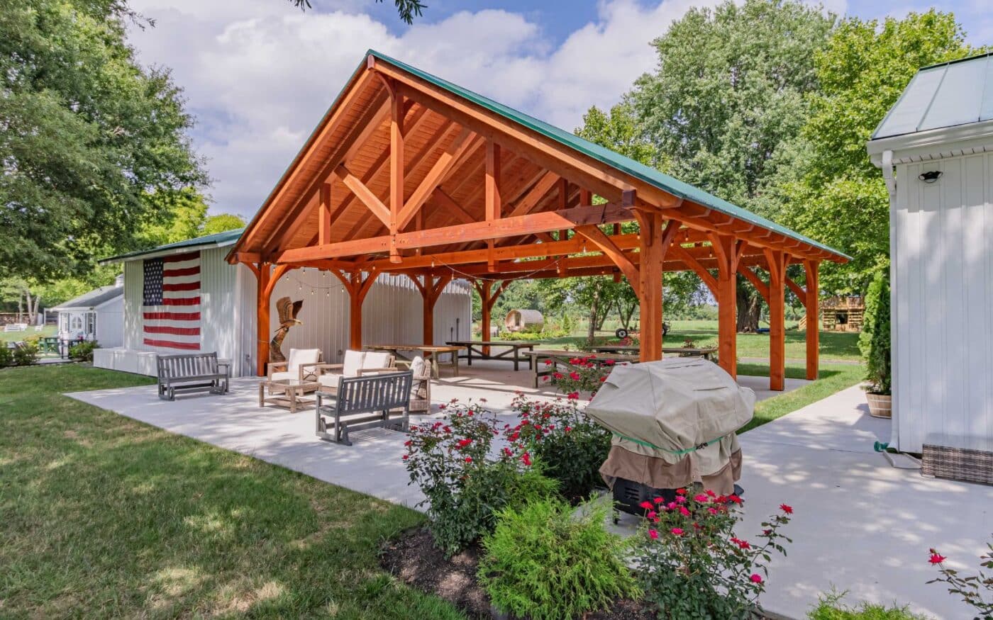 Aerial view of 38x30 Kingston Pro Timber Frame Pavilion