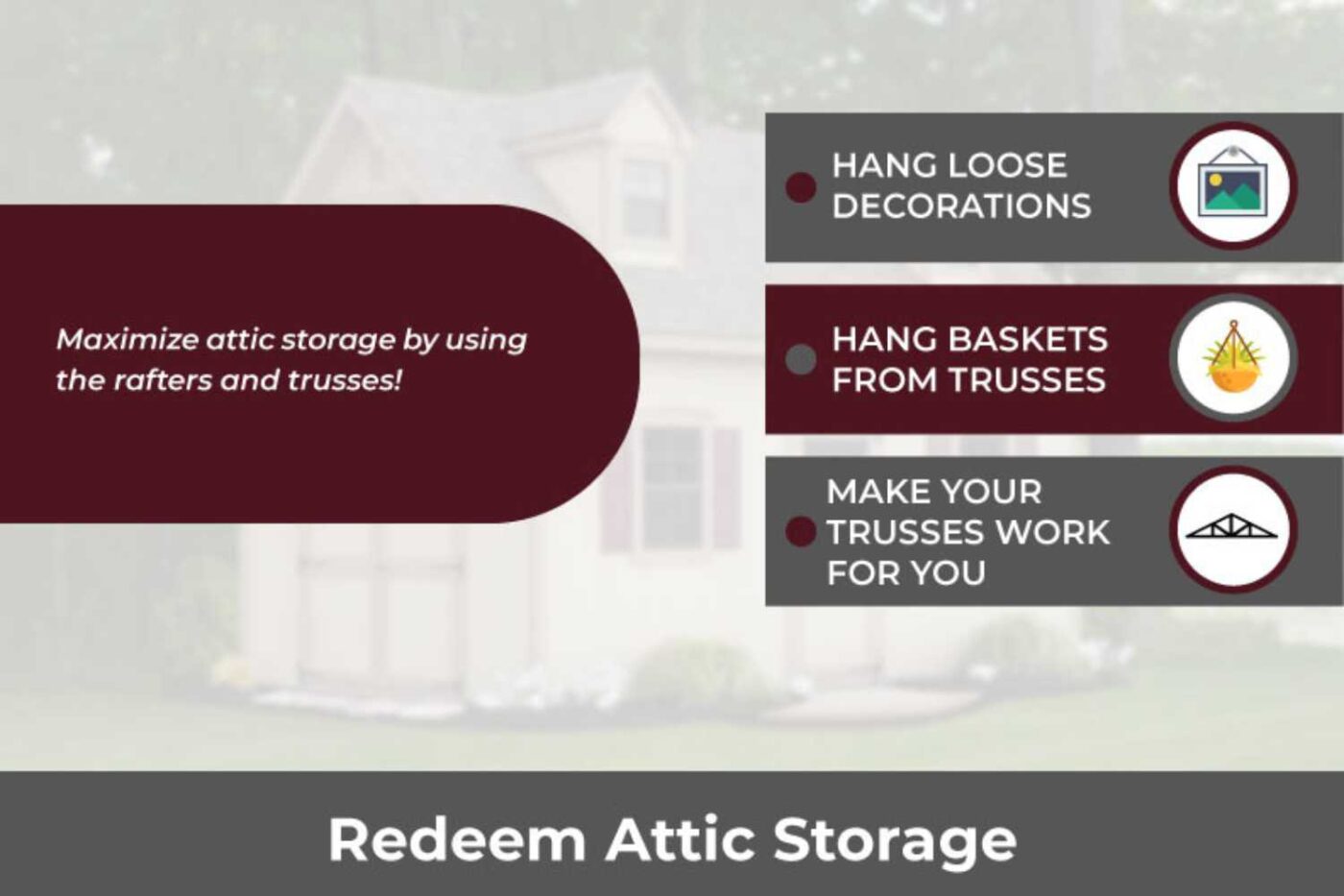 6 Best Ways To Maximize Your Prefab Garage Storage 3 Graphic showing how to maximize attic storage by using rafters and trusses
