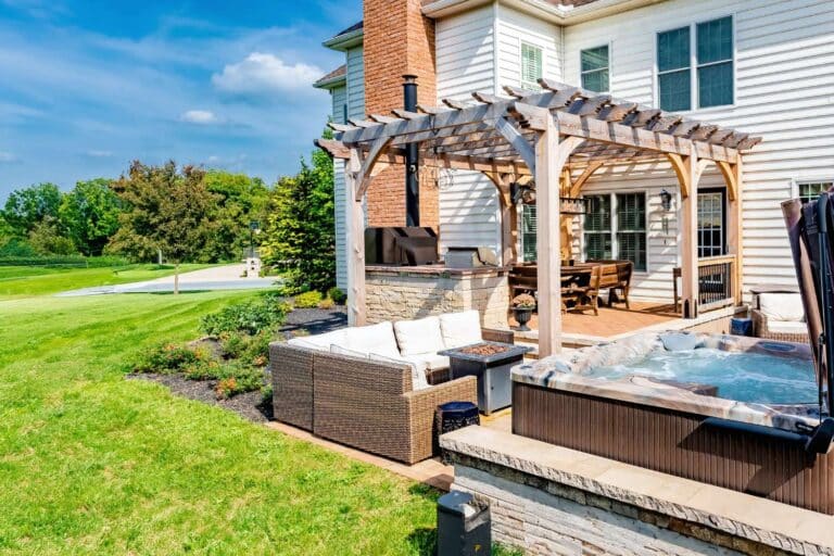 Projects 14 Boulder Wooden Pergola over seating and grill area