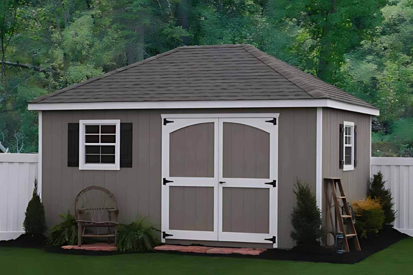 Beige Cabana Shed with white trim and double door