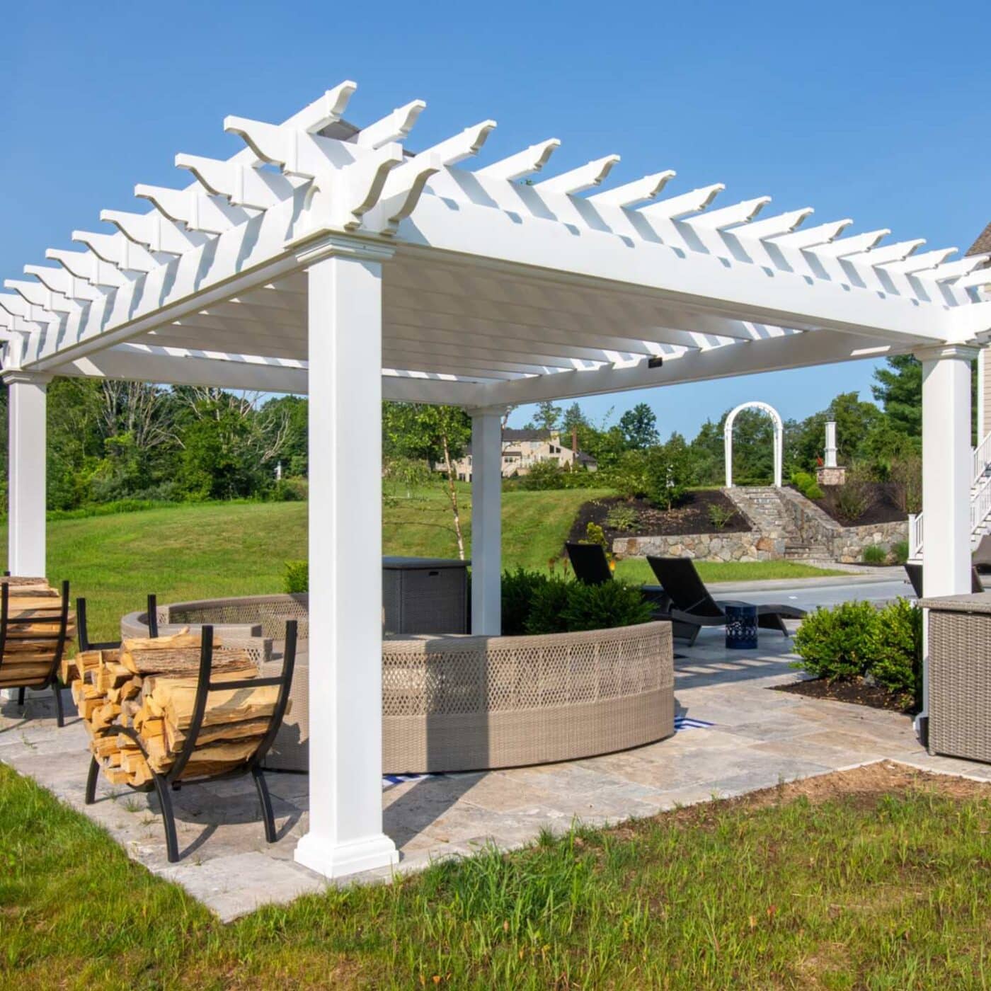 The Cancun Pergola 3 Cancun Pergola over seating area with full view of columns