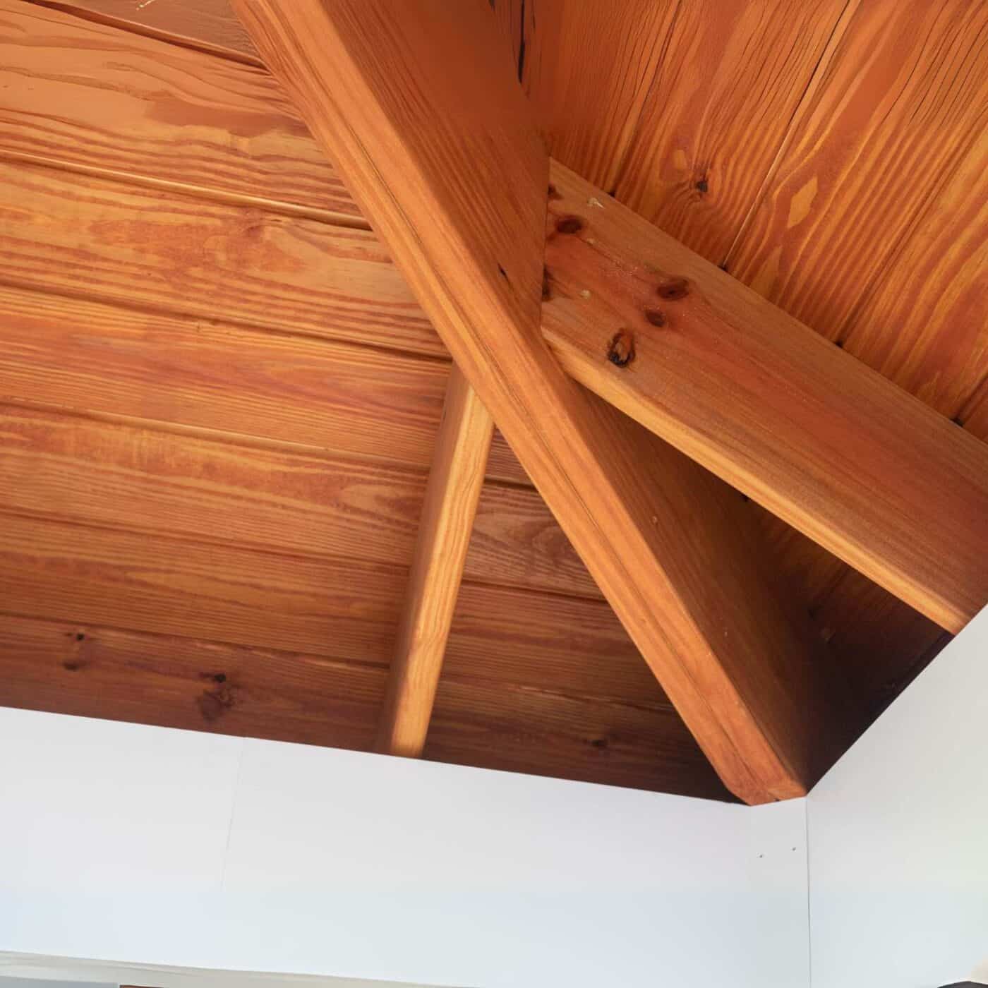 The Shoreline Pavilion 4 Inside corner of ceiling of vinyl outdoor living pavilion with view of stain color