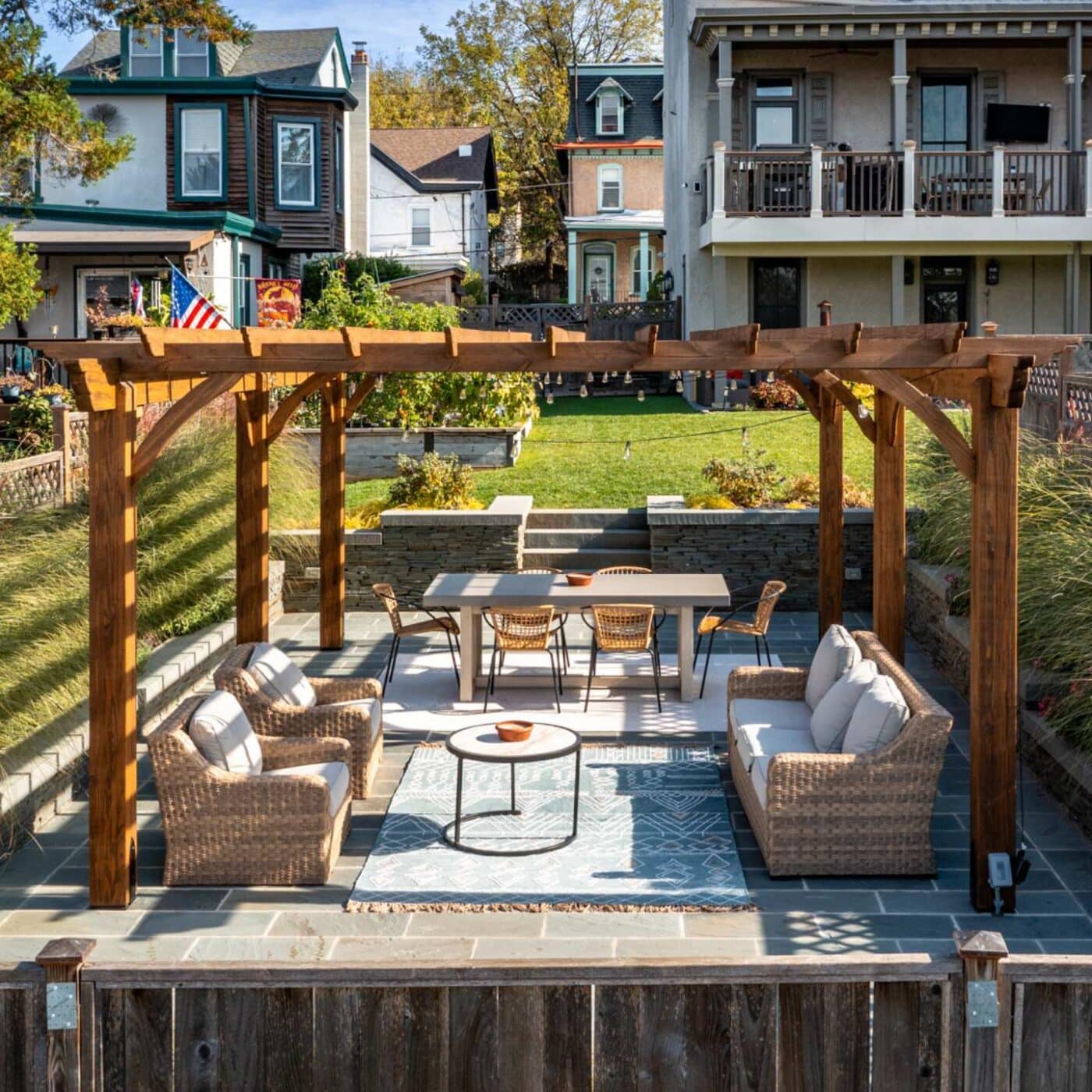 The Cherokee Pergola 4 View of Cherokee Beams over seating area