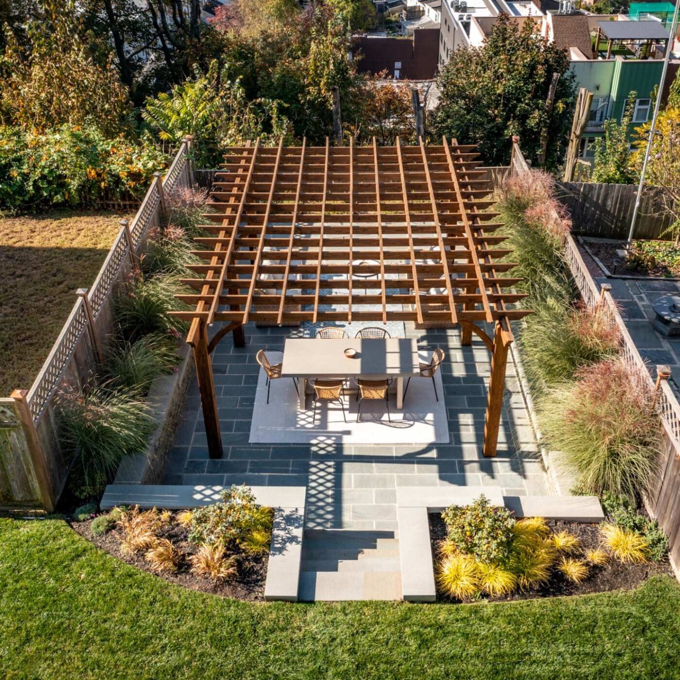 The Cherokee Pergola 5 View of Cherokee Pergola from above, showcasing rafters