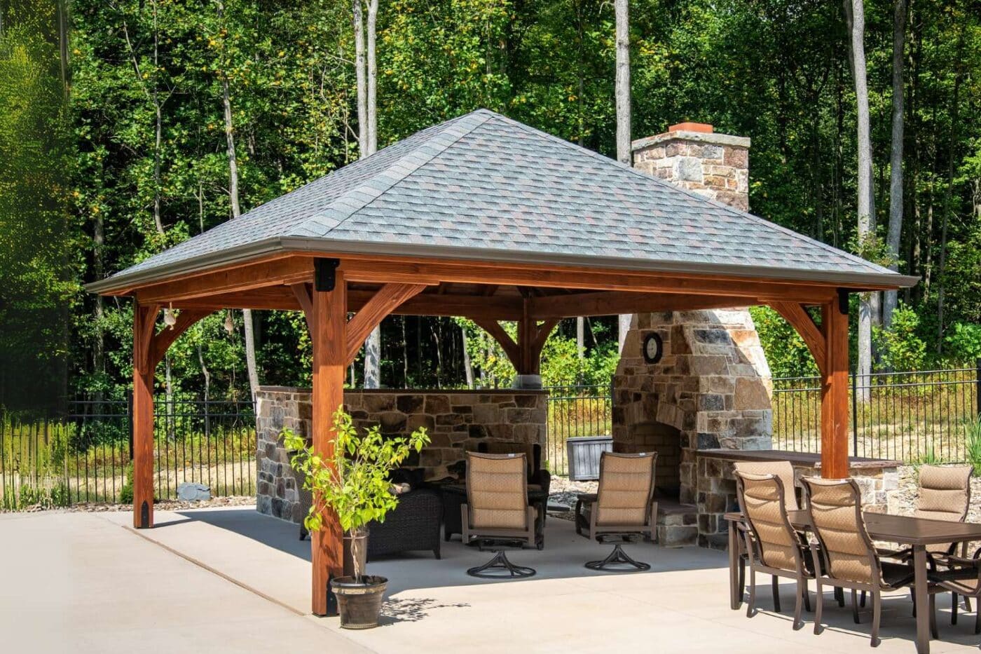 Cheyenne Outdoor Living Pavilion over seating area with fireplace
