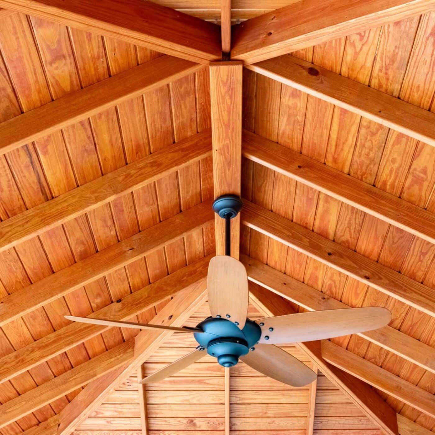 The Cheyenne Pavilion 3 Cheyenne ceiling with ceiling fan and wooden stain