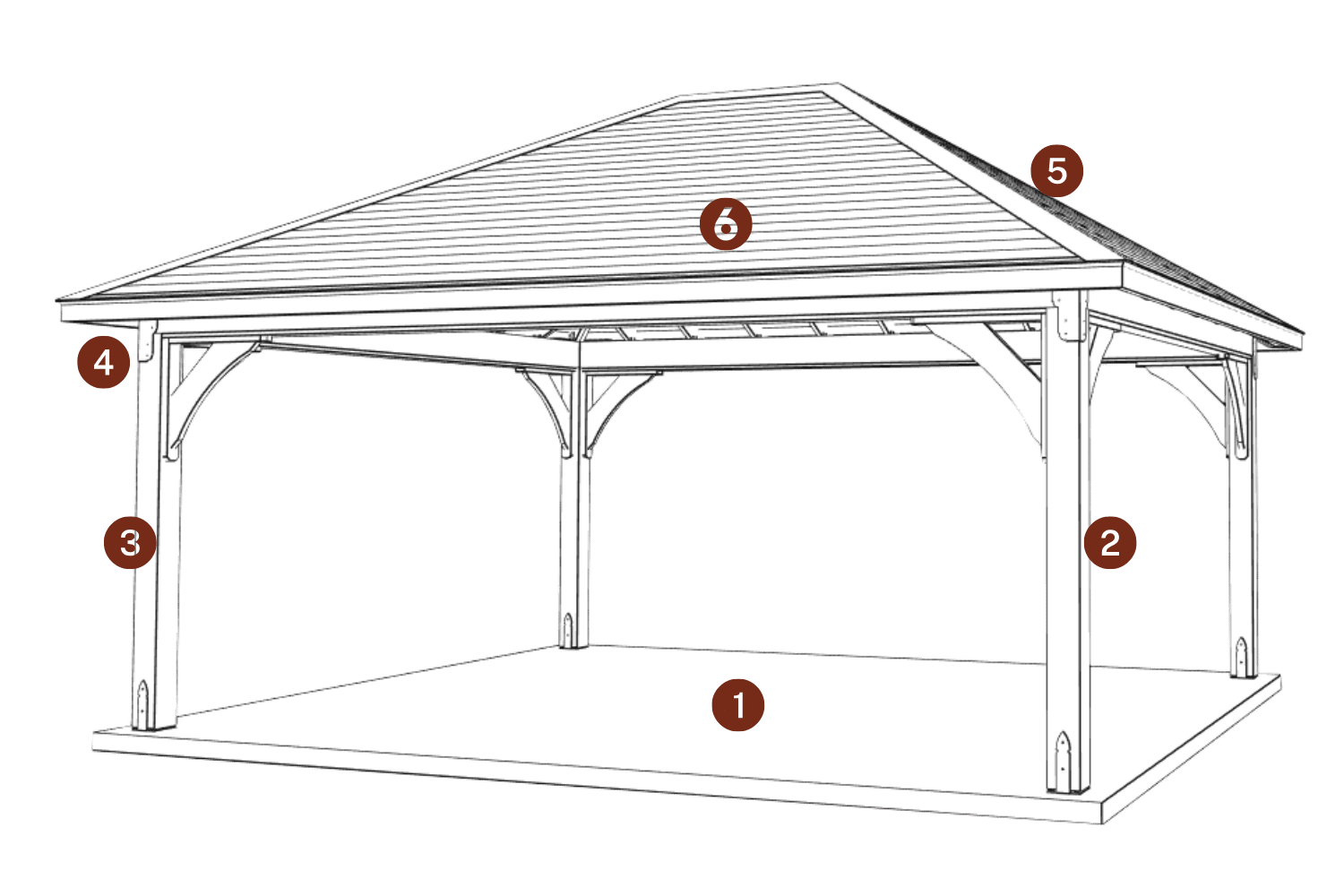The Cheyenne Pavilion 1 Cheyenne Sketch with standard features indicated by red circles and numbers