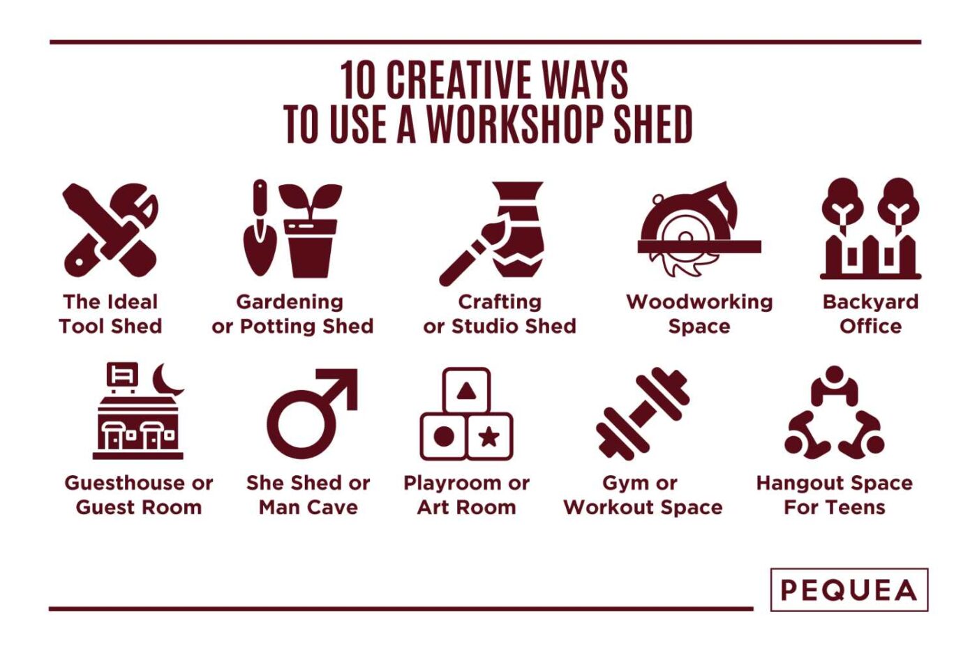 10 Creative Ways To Use A Workshop Shed (other than storage!) 7 Graphic outlining 10 creative ways to use a workshop shed!