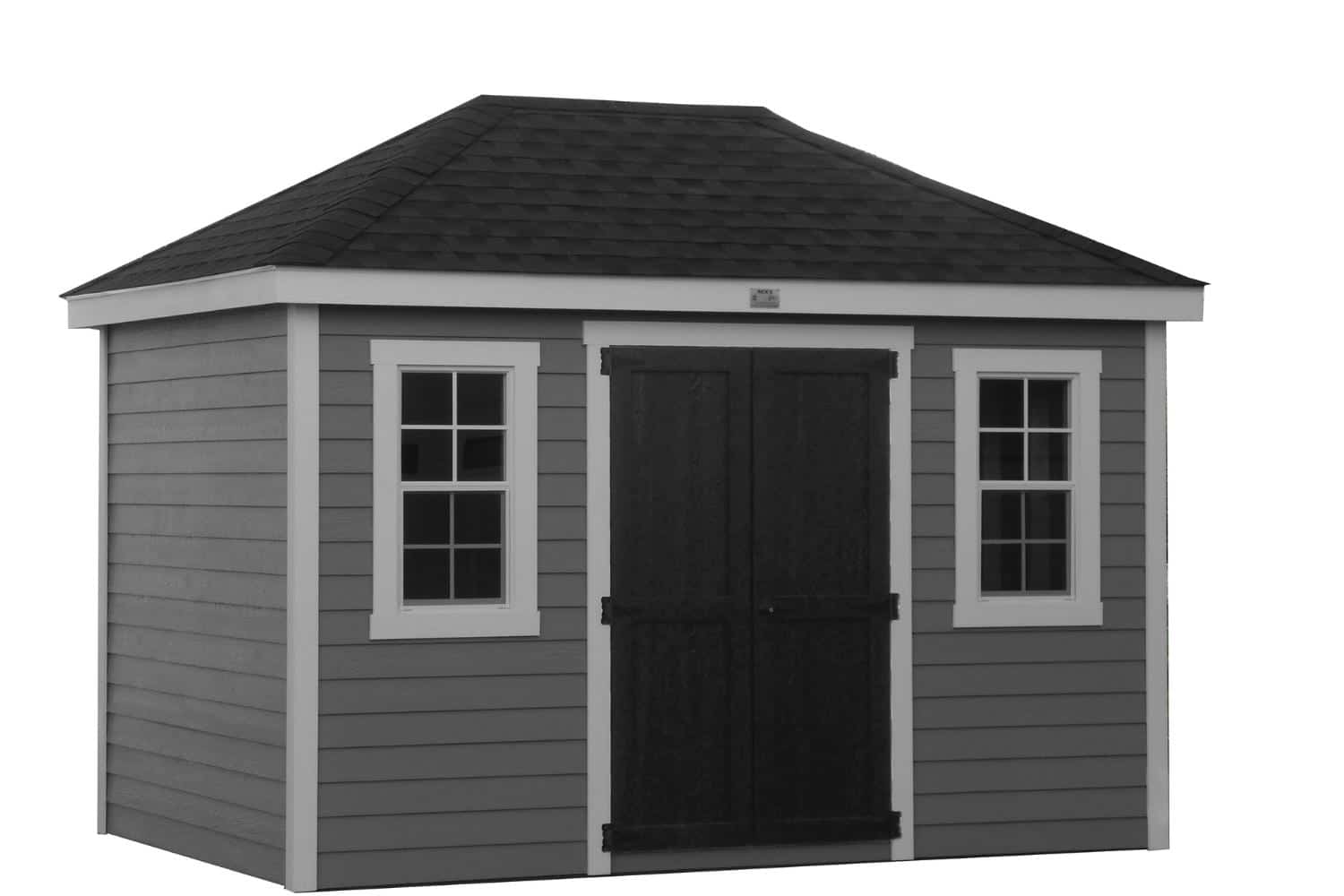 The Cabana Shed 48 Gray caban shed with white trim and dark door with no background