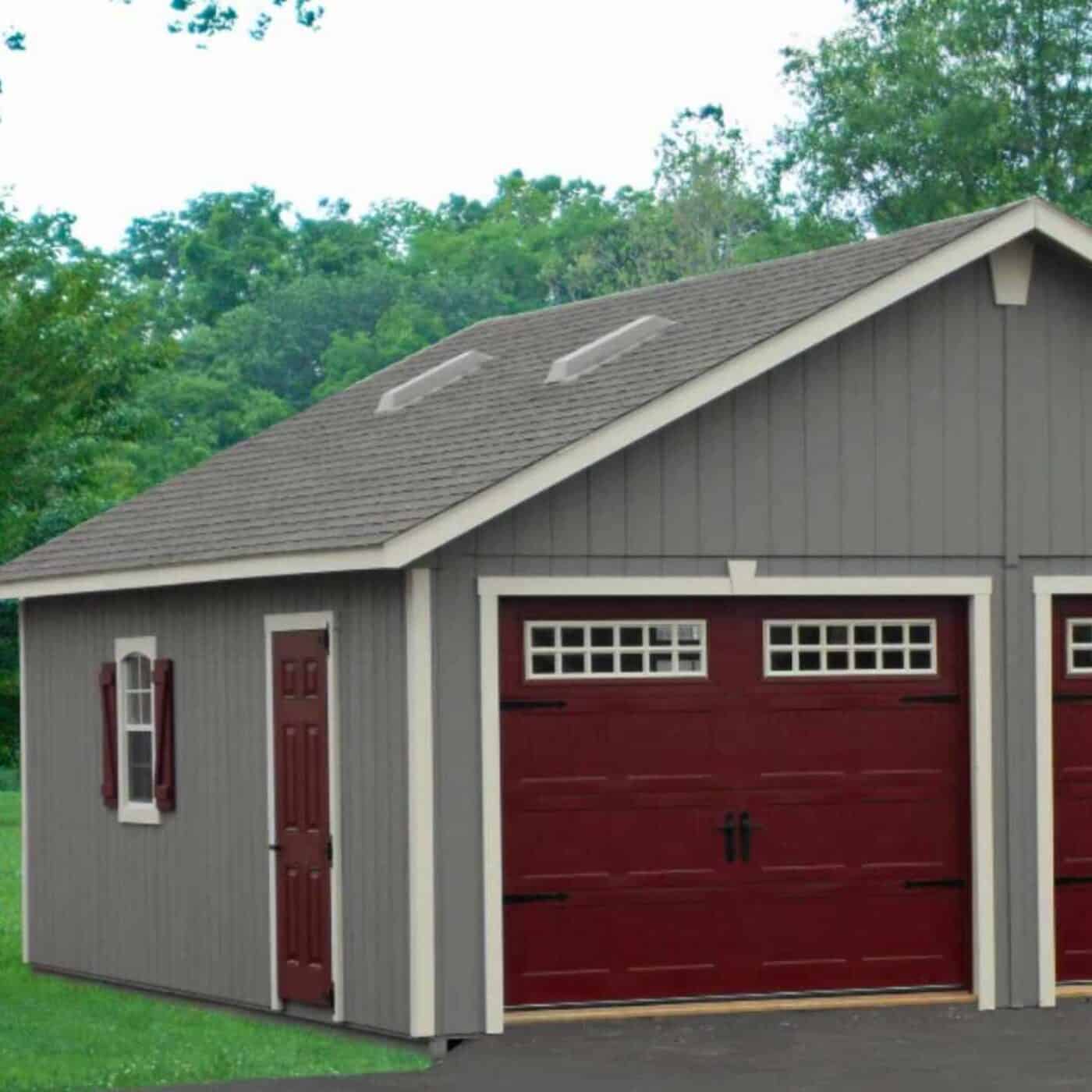 The Modular Garage 5 Modular garage with gray siding with red doors and white trim