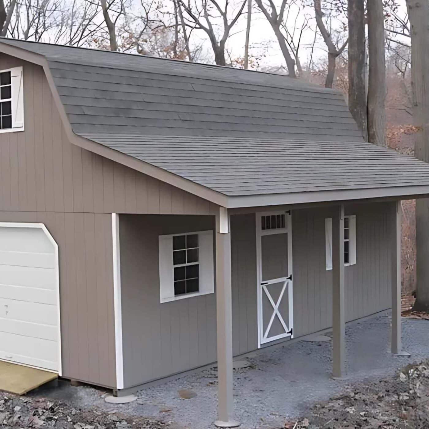 The Gambrel Garage 5 Brown/beige garage with white trim