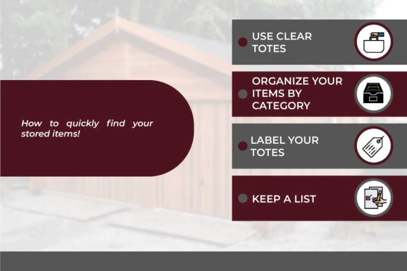 6 Best Ways To Maximize Your Prefab Garage Storage 7 Graphic showing easy ways to find stored items in your garage