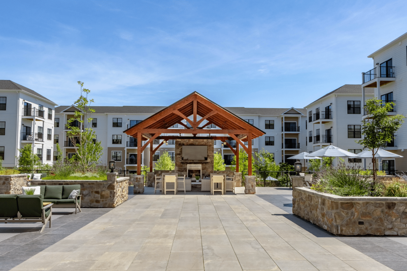 Front view of 20x20 Kingston Pavilion on stone community space