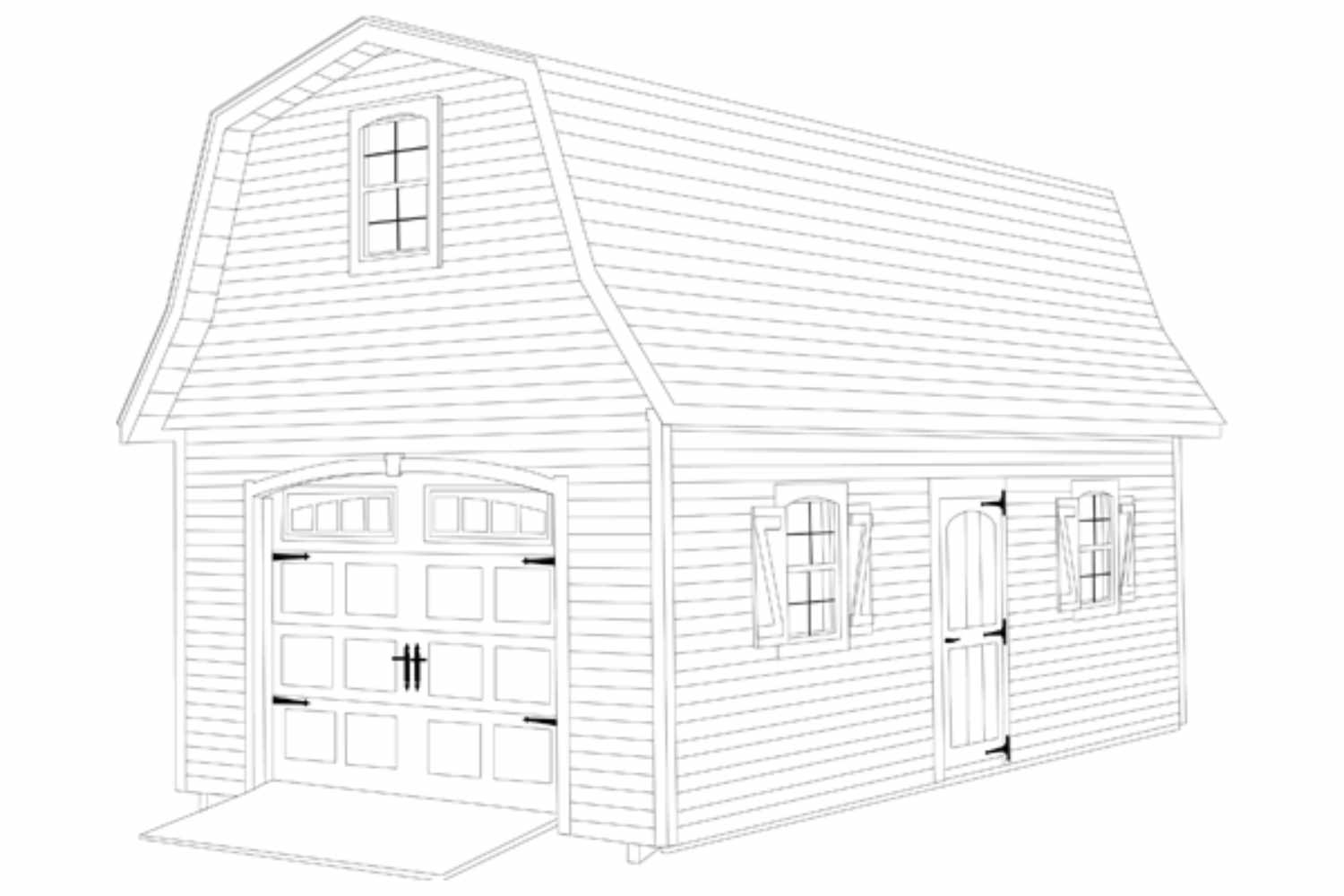 Gambrel garage sketch with garage door, ramp, three windows, and single entry door