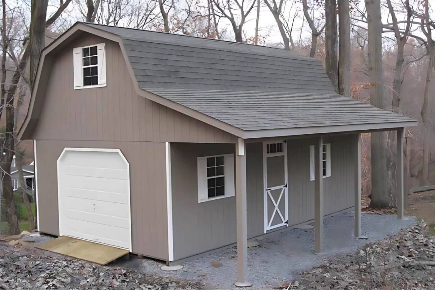 Garage Add-On Accessories 1 Gray gambrel garage with white garage door and white trim