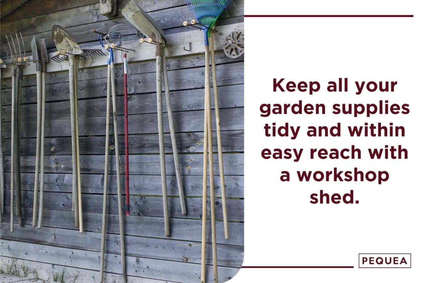 10 Creative Ways To Use A Workshop Shed (other than storage!) 3 Image of garden tools including shovel, pitchfork, and rake.