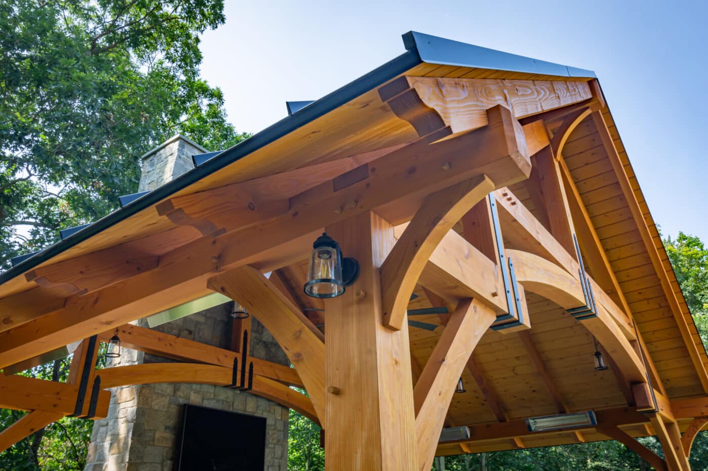 View of woodwork, overhand and truss in 24x16 Timber Frame Pavilion
