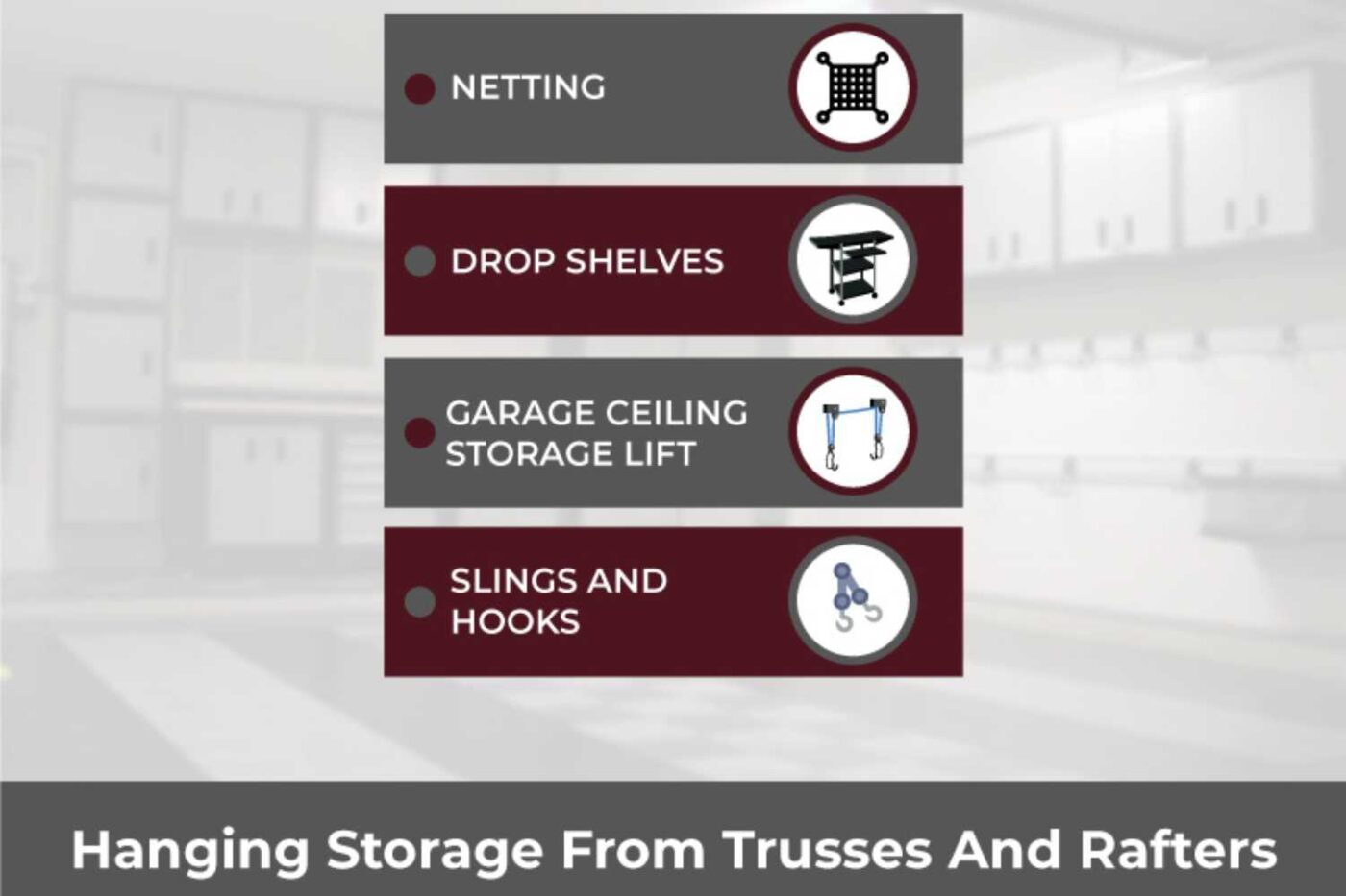 6 Best Ways To Maximize Your Prefab Garage Storage 5 Examples of hanging storage that is compatible with trusses and rafters