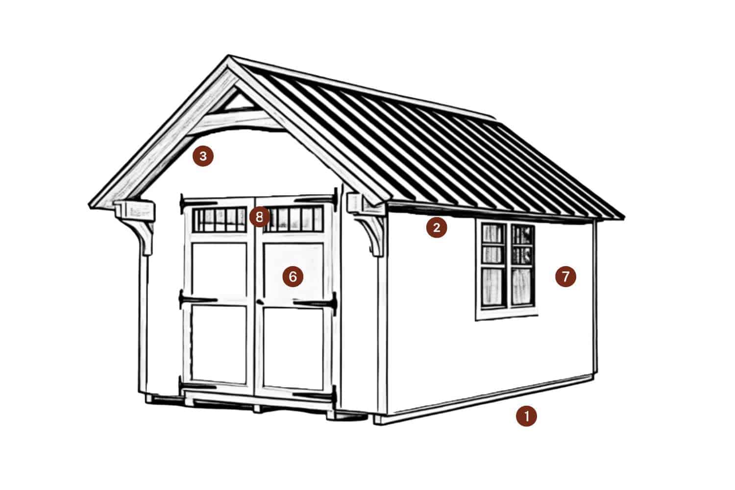 The Lancaster Shed 1 Black and white sketch of Lancaster Timber Frame Shed with numbers indicating where structure features are