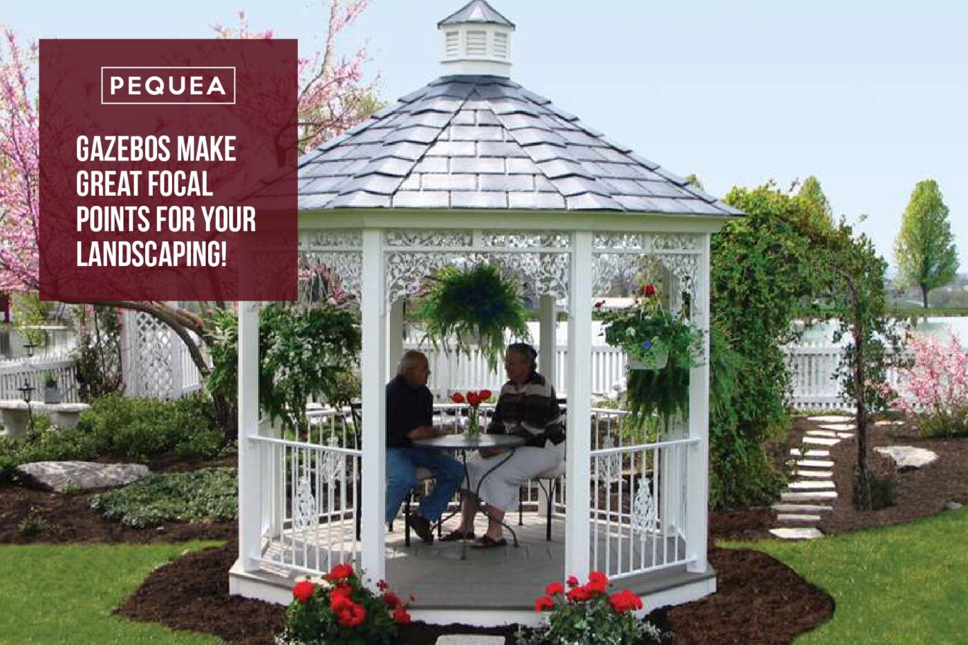 10 Amazing Benefits of Gazebos 3 Image of a Gazebo with couple sitting underneath. Logo and text overlay that says: Gazebos make great focal points for you landscaping!