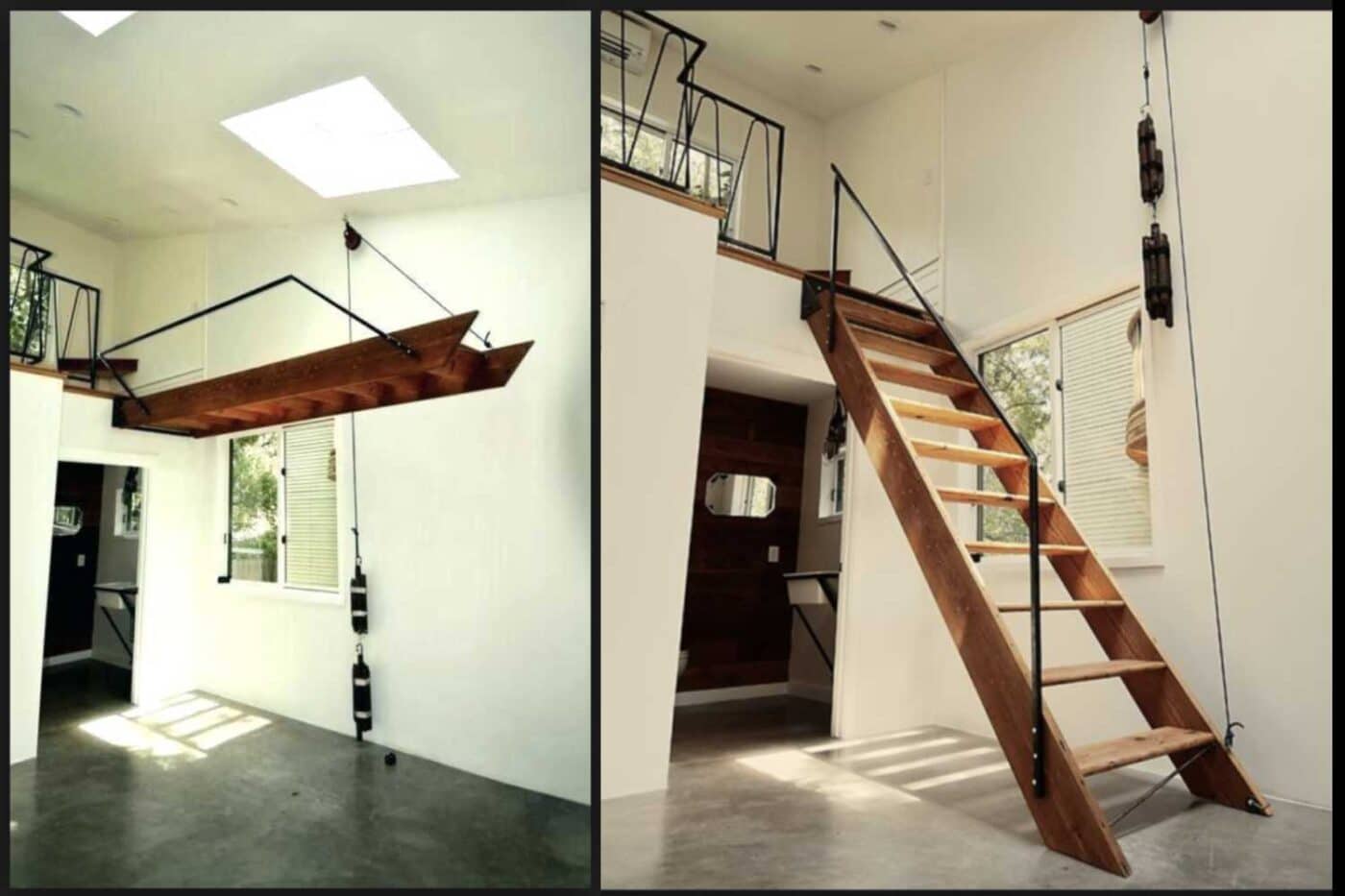6 Best Ways To Maximize Your Prefab Garage Storage 4 Two images, side-by-side showing how a DIY pulley and smart stair system increases storage space inside a garage