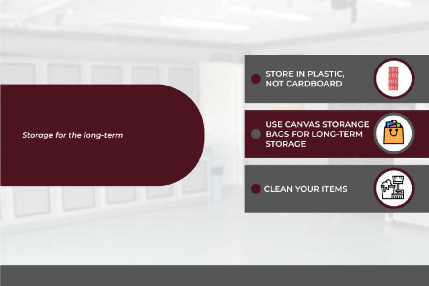 6 Best Ways To Maximize Your Prefab Garage Storage 6 Graphic showing examples of how to store items long-term