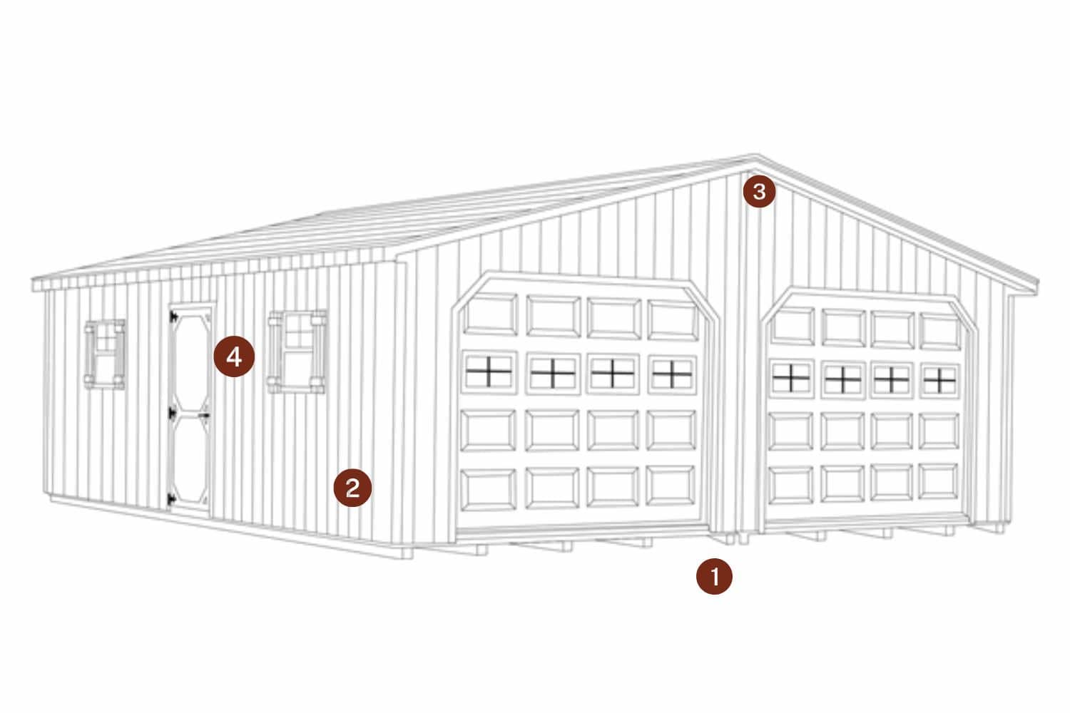 The Modular Garage 1 Modular garage sketch with standard features indicated by red circles with numbers