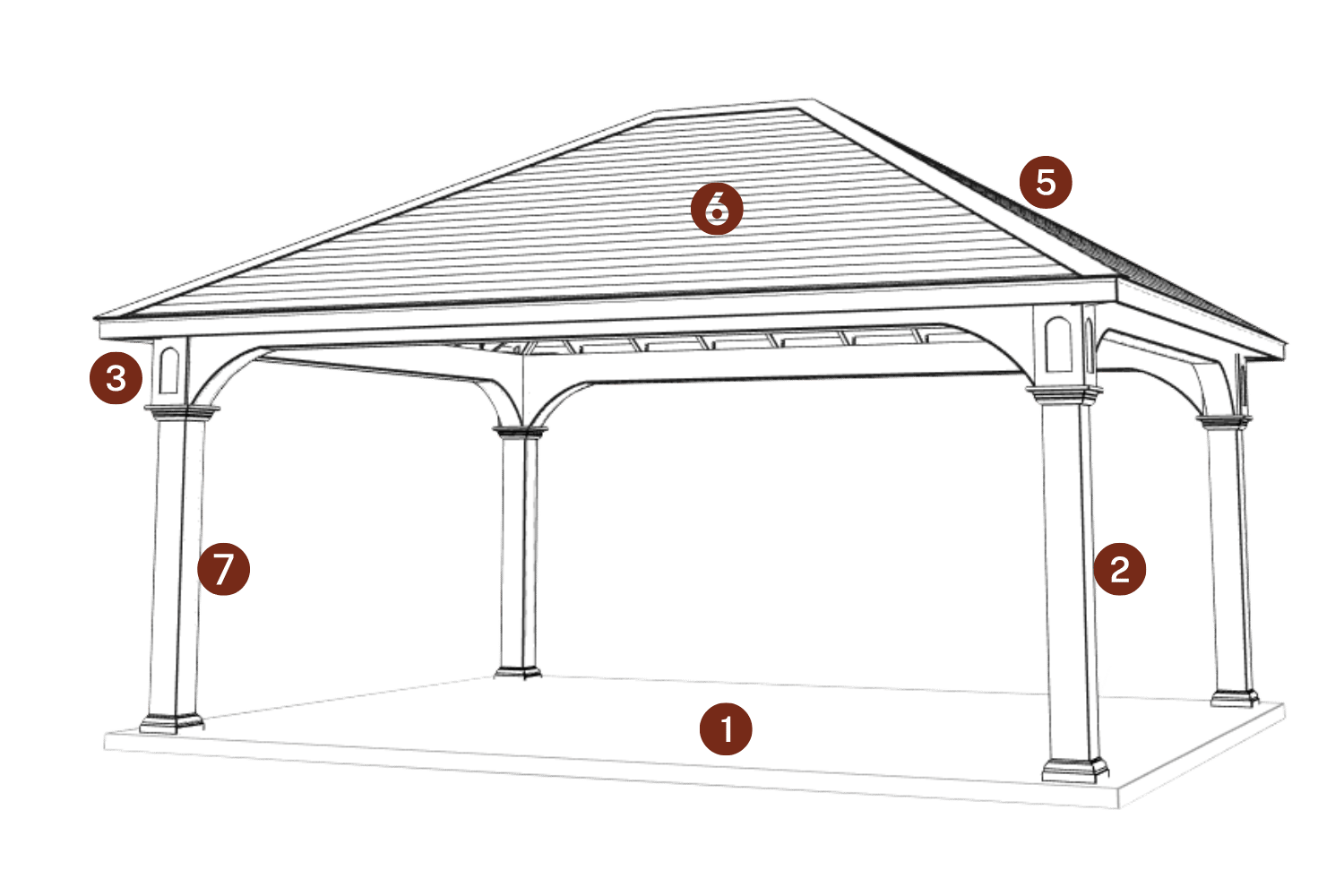 The Montford Pavilion 1 Montford Sketch with standard features indicated by red circles and numbers