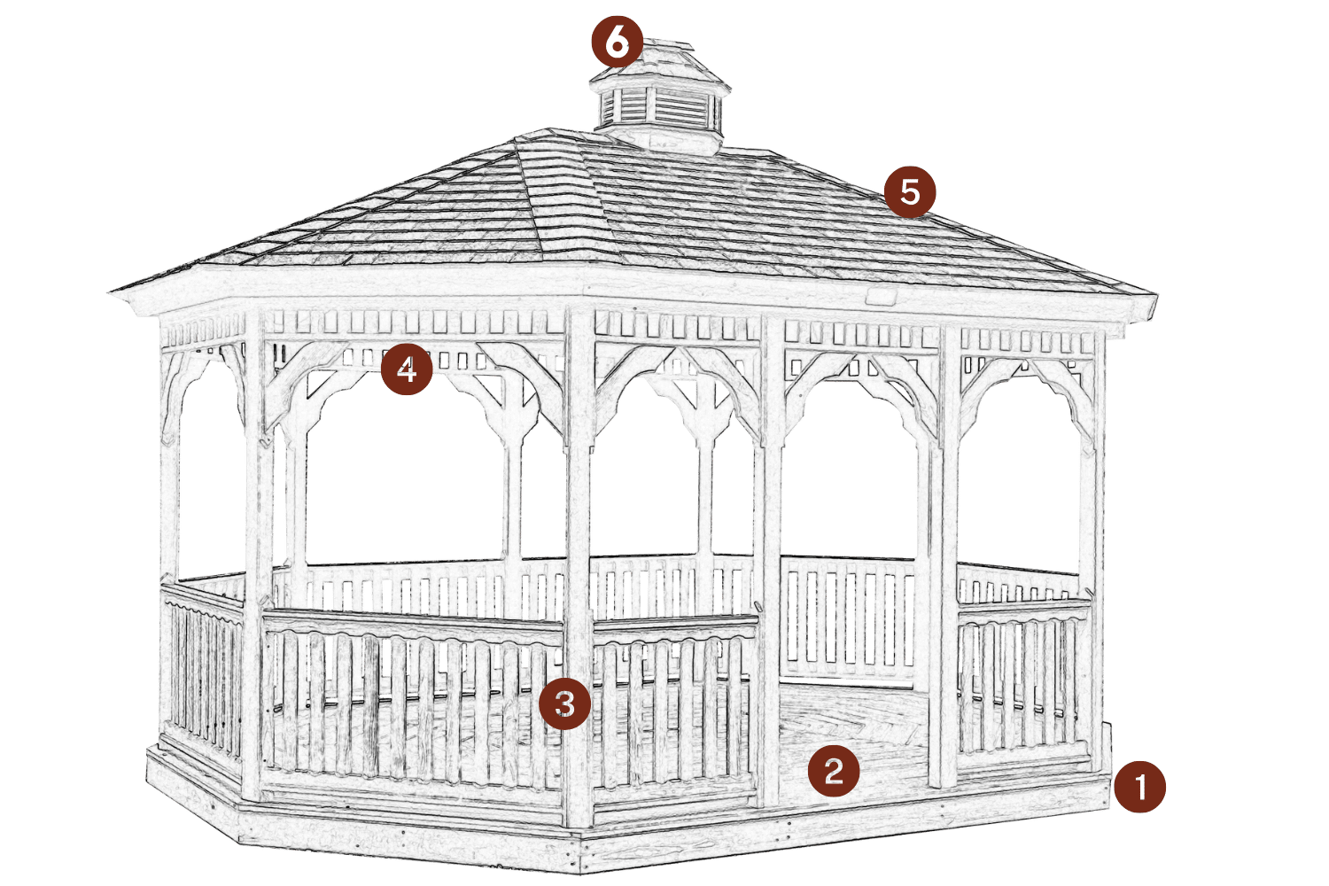 The Wood Oval Gazebo 1 Wood Oval gazebo sketch with standard features indicated by red circles and numbers