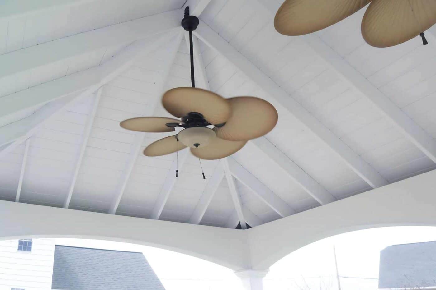 Pavilion Ceiling Material 3 White Painted Wood Ceiling with two ceiling fans