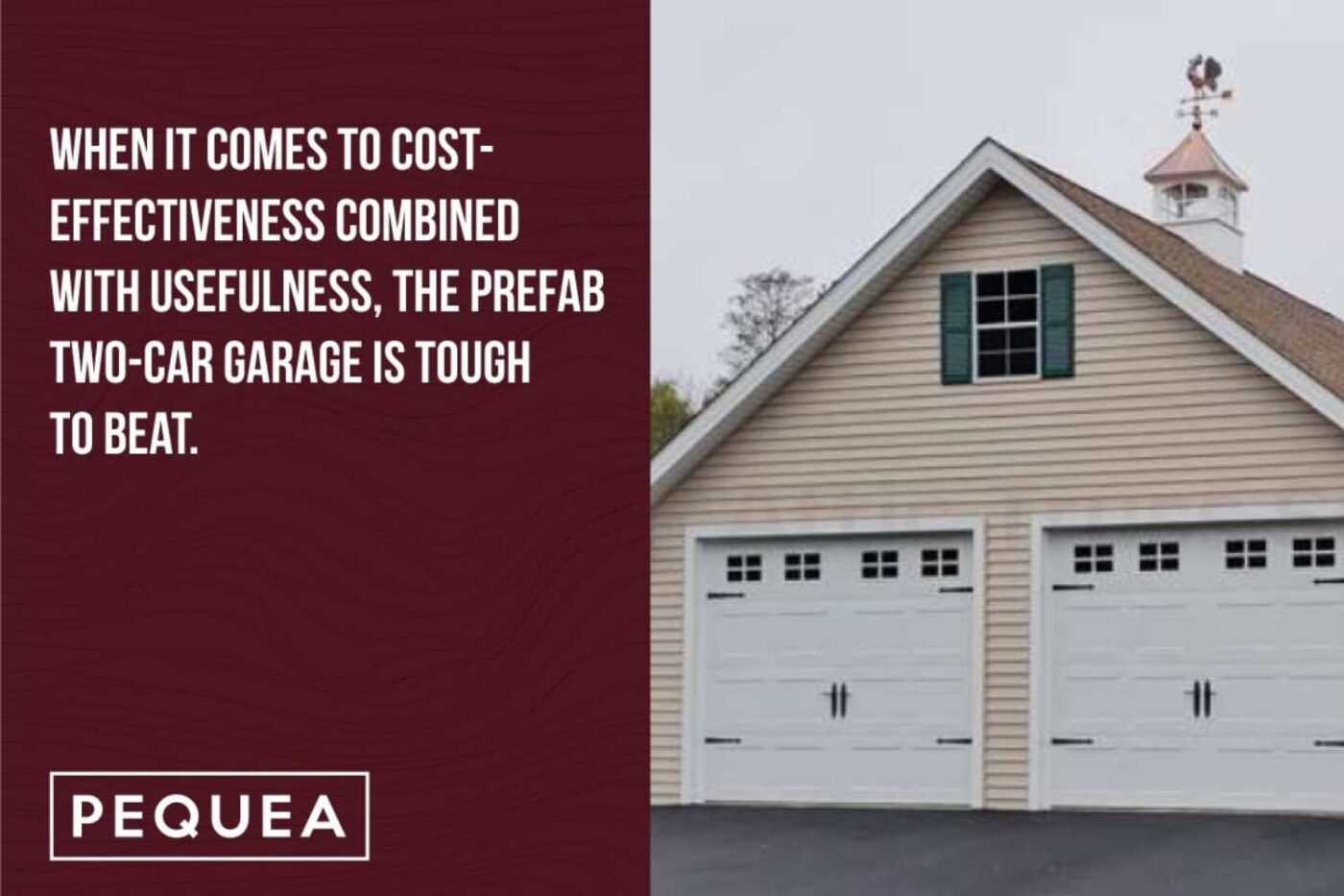 6 Popular Prefab Garage Styles 2 Image of beige prefab garage with text overlay that states: When it comes to cost-effectiveness combined with usefulness, the prefab two-car garages is tough to beat