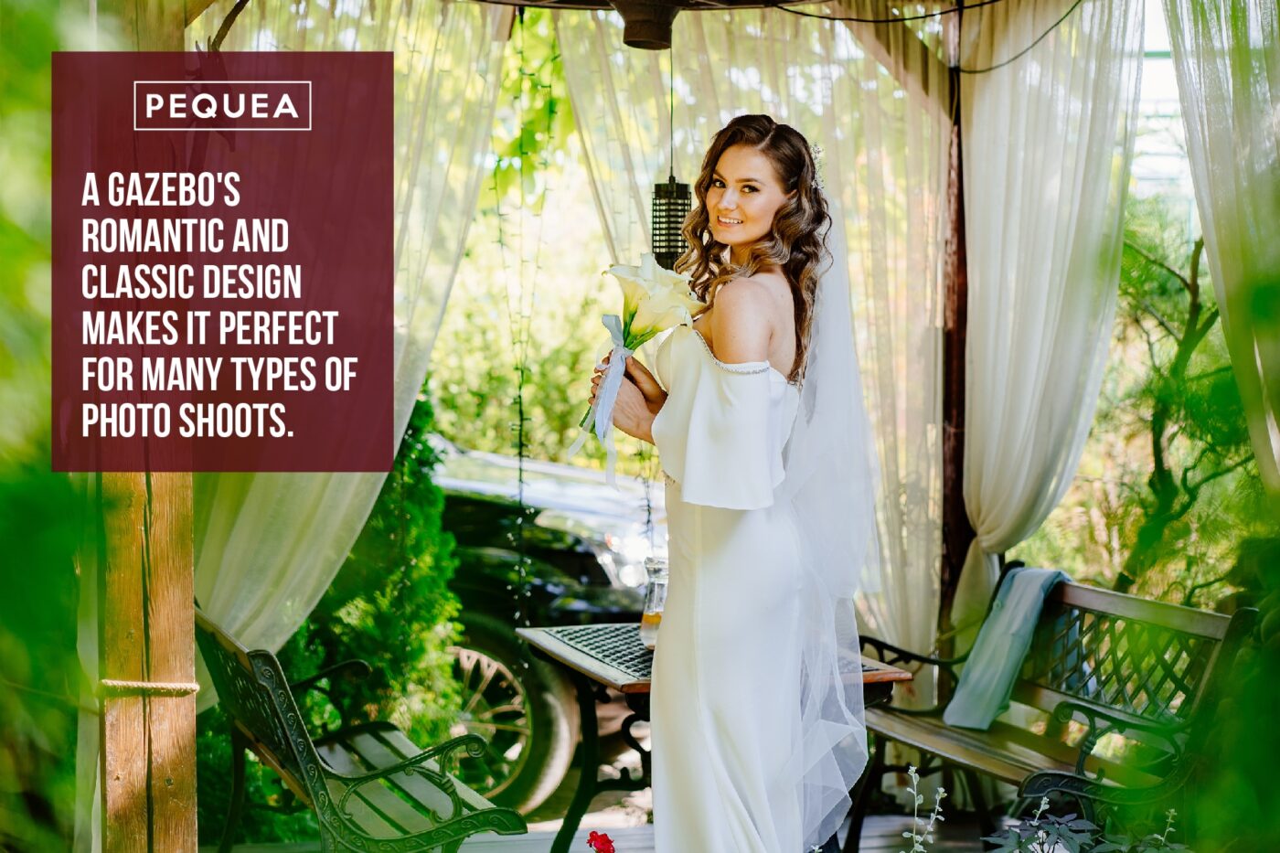 10 Amazing Benefits of Gazebos 4 Image of a bride underneath a gazebo with Pequa logo and text overlay that says: A Gazebo's romantic and classoc design makes it perfect for many types of photo shoots.