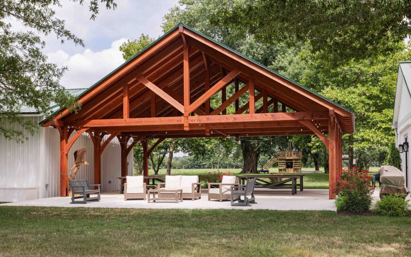 Seating area outside of 38x30 Kingston Pro Timber Frame Pavilion