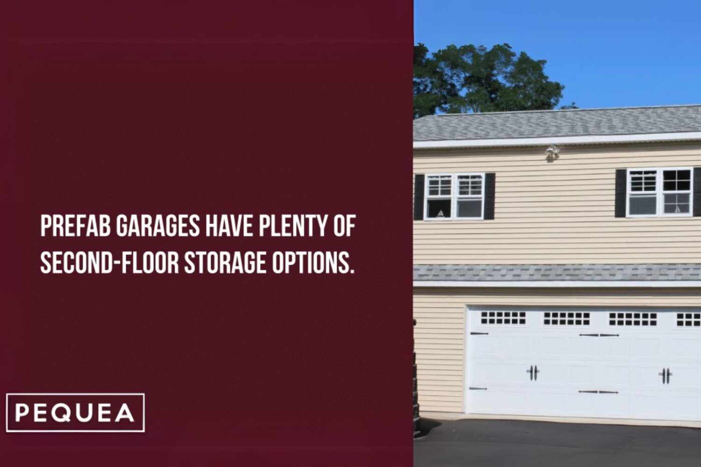 6 Reasons You Need a Prefab 2-Car Garage 3 Brown garage with text overlay that states: prefab garages have plenty of second-floor storage options