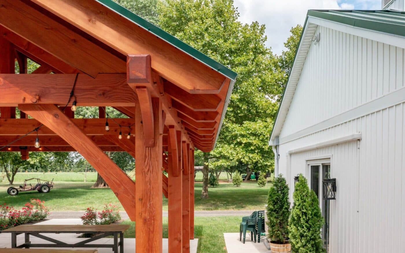 Side corner beams and ceiling of 38x30 Kingston Pro Timber Frame Pavilion