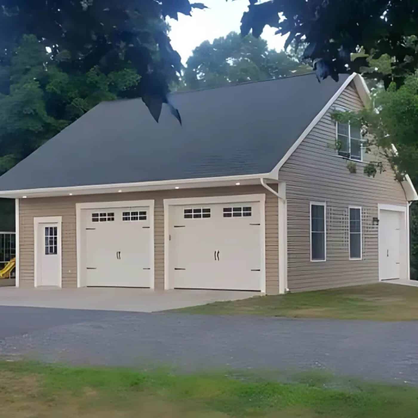 The A-Frame Attic Garage 4 A-Frame garage with siding and roof materials highlighted. White trim option and garage doors